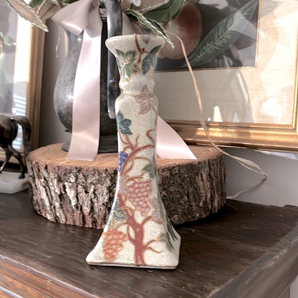 Vintage Cloisonné 8.5” Porcelain Candlestick. Stamped | Ivy | Asian Motif EUC